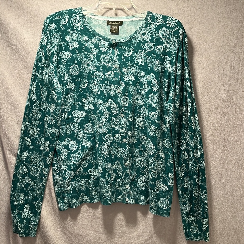 Eddie Bauer Dark Green & White Floral Print Button Front Cardigan Size XL(16/18)